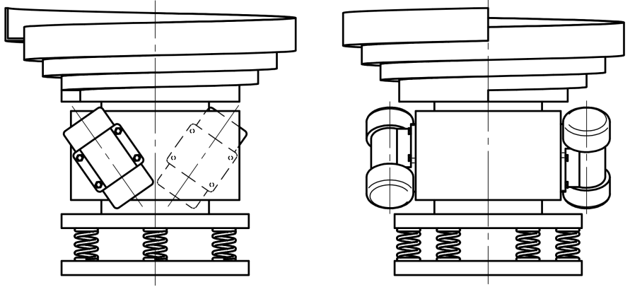 Spiral vibratory conveyor with elliptical oscillation and displaced unbalance motors